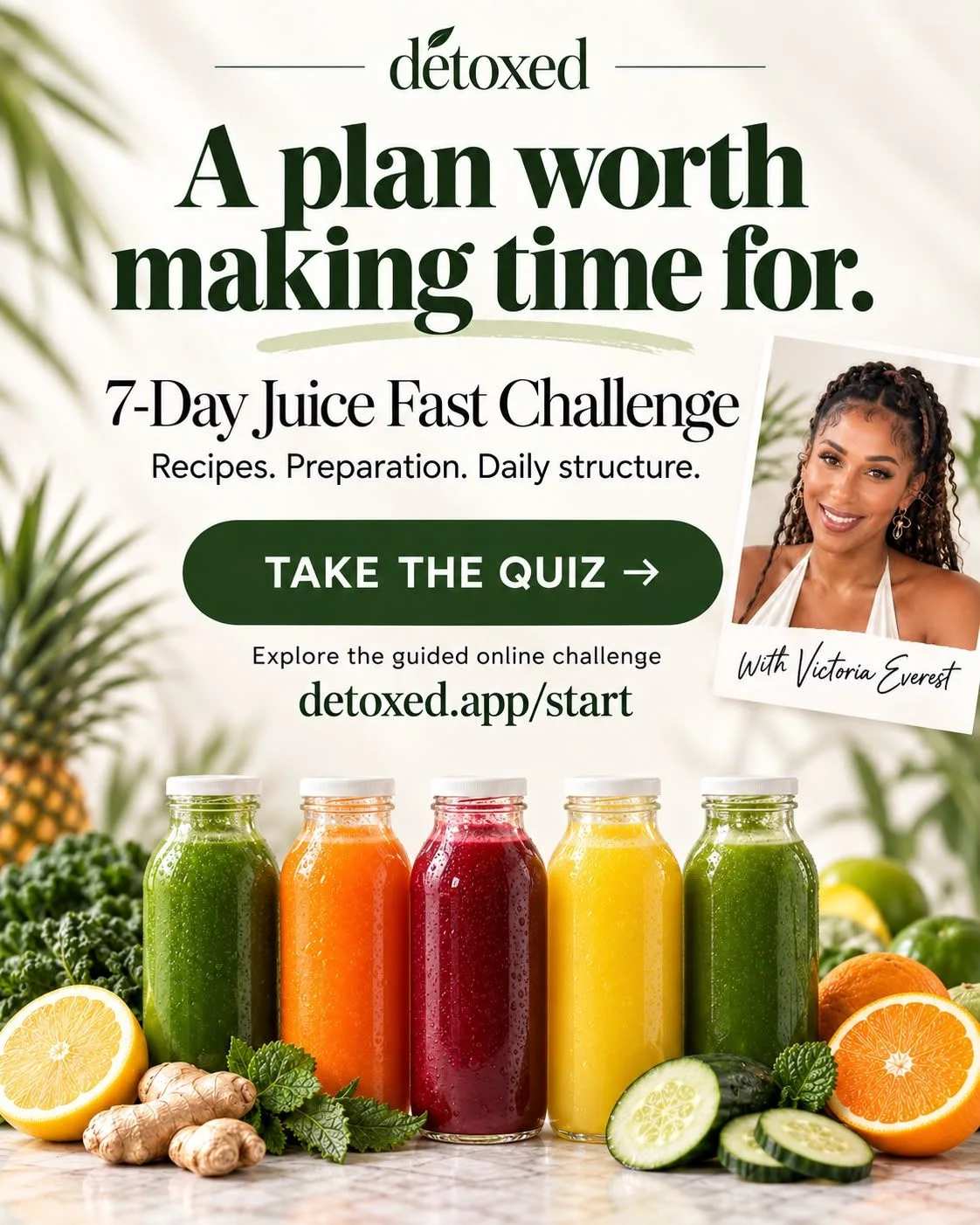 Colourful juice bottles and fresh ingredients from the dētoxed programme poster